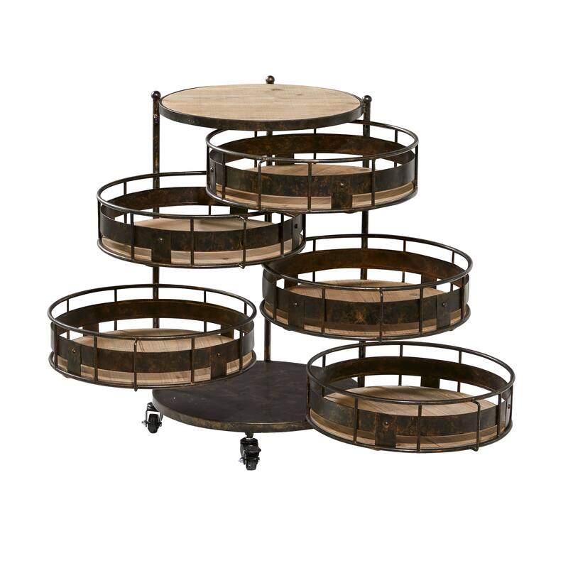 Metal Kitchen Rolling Circular 6 Shelf Storage Cart with Adjustable Shelves - Brown - Roche River Decor - 17"W x 17"L x 28"H