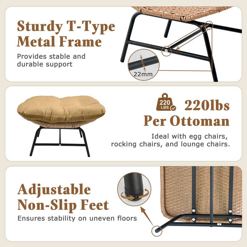 2-Piece Outdoor Wicker Ottomans with Cushions, Weather-Resistant Boho Patio Rattan Footrests for Garden, Porch, and Balcony