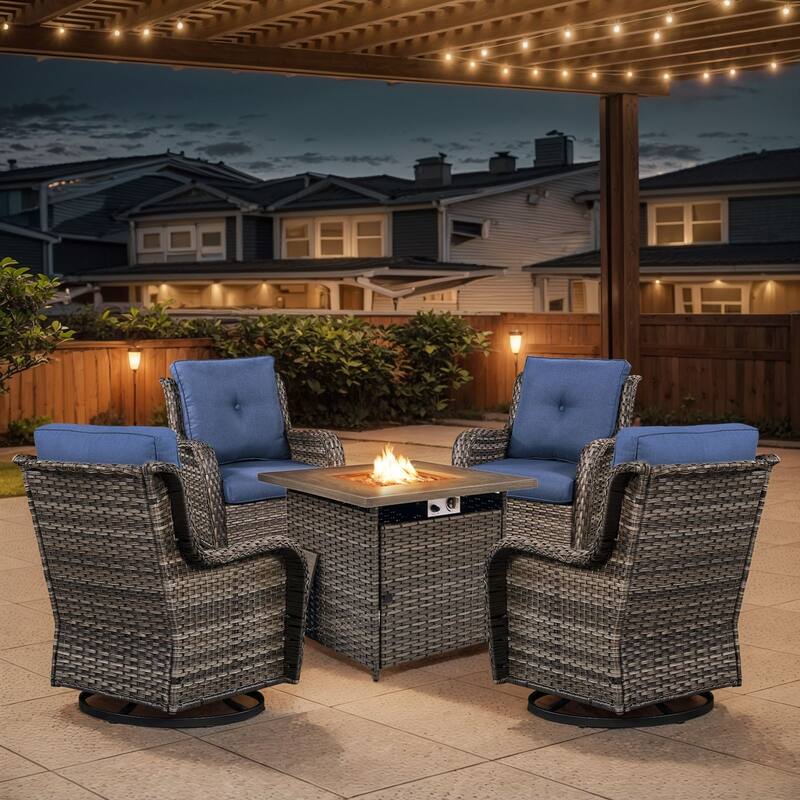 Gymojoy 5-Piece Outdoor Wicker Patio Furniture with Fire Pit Table, Rattan Coversation Set with Water Resistant Thick Cushions