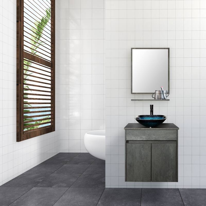 24" Wall Mounted Bathroom Vanity Set W/ Tempered Glass/ Ceramics Sink Combo - turquoise square sink