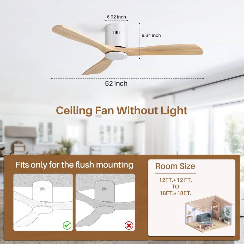 Sofucor 52 Inch Solid Wood Flush Mount Indoor Ceiling Fan without Light,Remote Control,Smart Optional