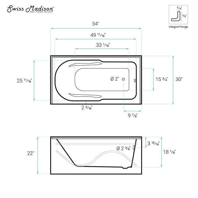 Dieppe 54'' X 30 Bathtub With Apron Right Hand Drain In White - 31.5x54 Right