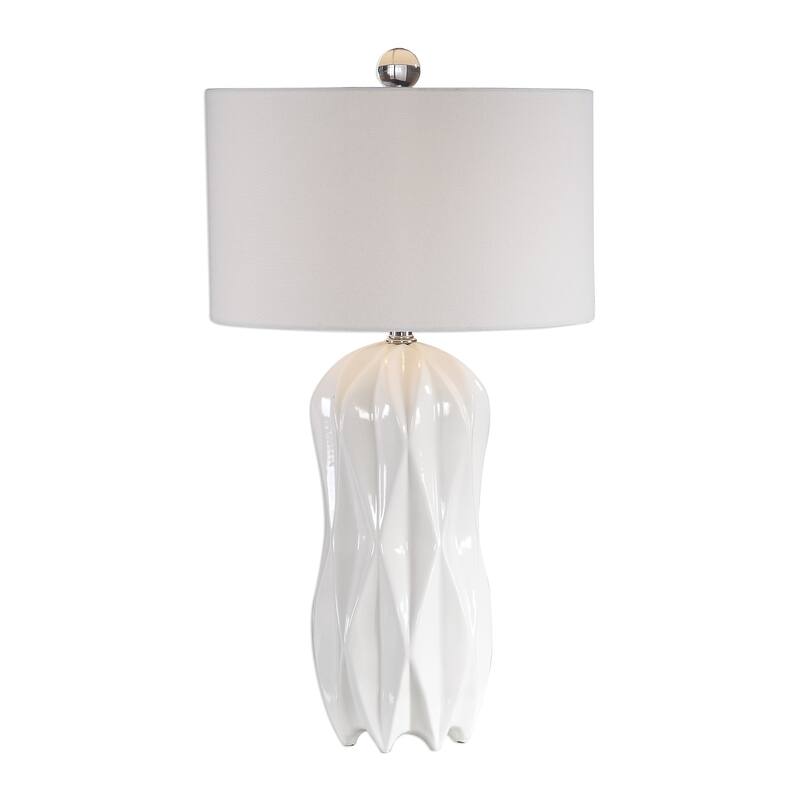 Glossy Embossed Geometric Table Lamp with White Drum Shade - 30.75" - White