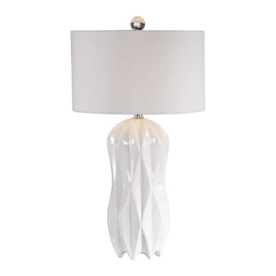 Glossy Embossed Geometric Table Lamp with White Drum Shade - 30.75" - White