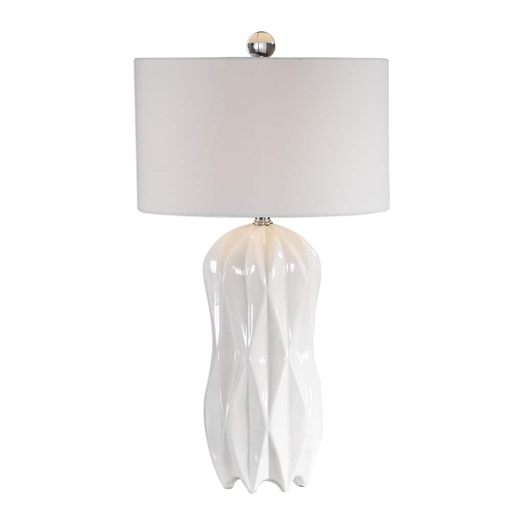 Glossy Embossed Geometric Table Lamp with White Drum Shade - 30.75" - White