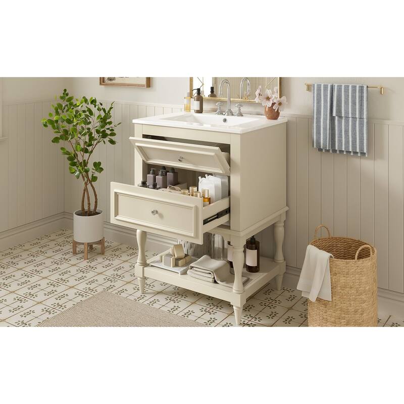 24" Bathroom Vanity with Ceramic Sink, Bathroom Storage Cabinet with Open Shelf, Retro Design Bathroom Cabinet with 2 Drawers