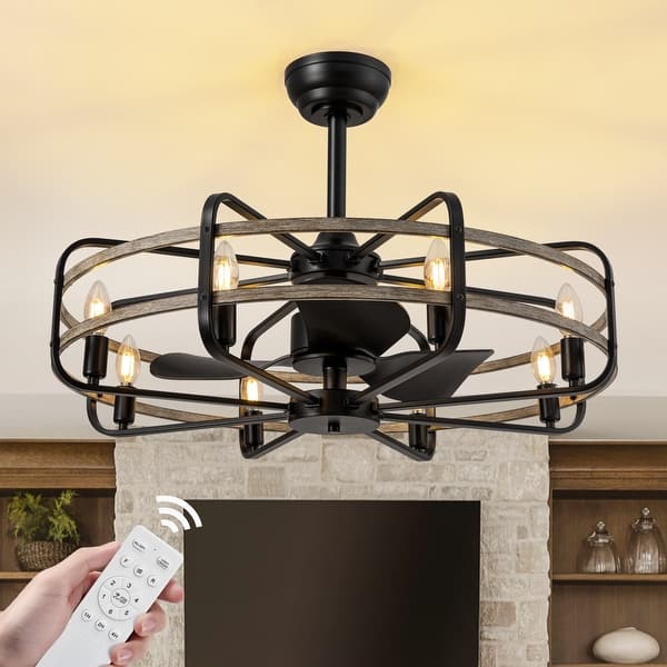 slide 2 of 20, Industrial Black Caged Chandelier Ceiling Fan with Lights and Remote 30''-8 Lights
