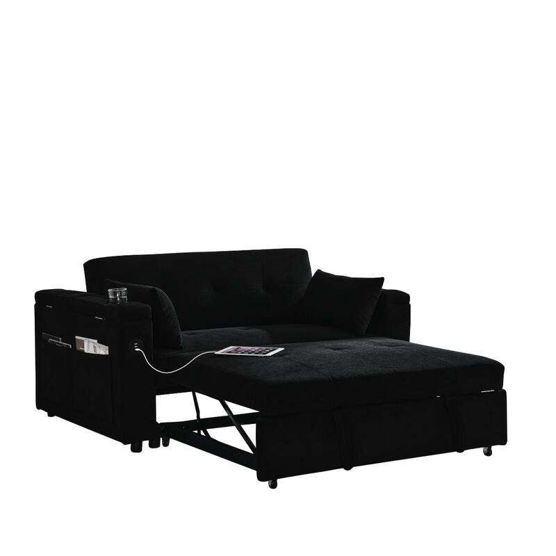 Sleeper Sofa Couch Bed, Pull Out Loveseat with Storage, Convertible Sleeper Sofa w/ Side Pockets, Adjustable Backrest & USB Port
