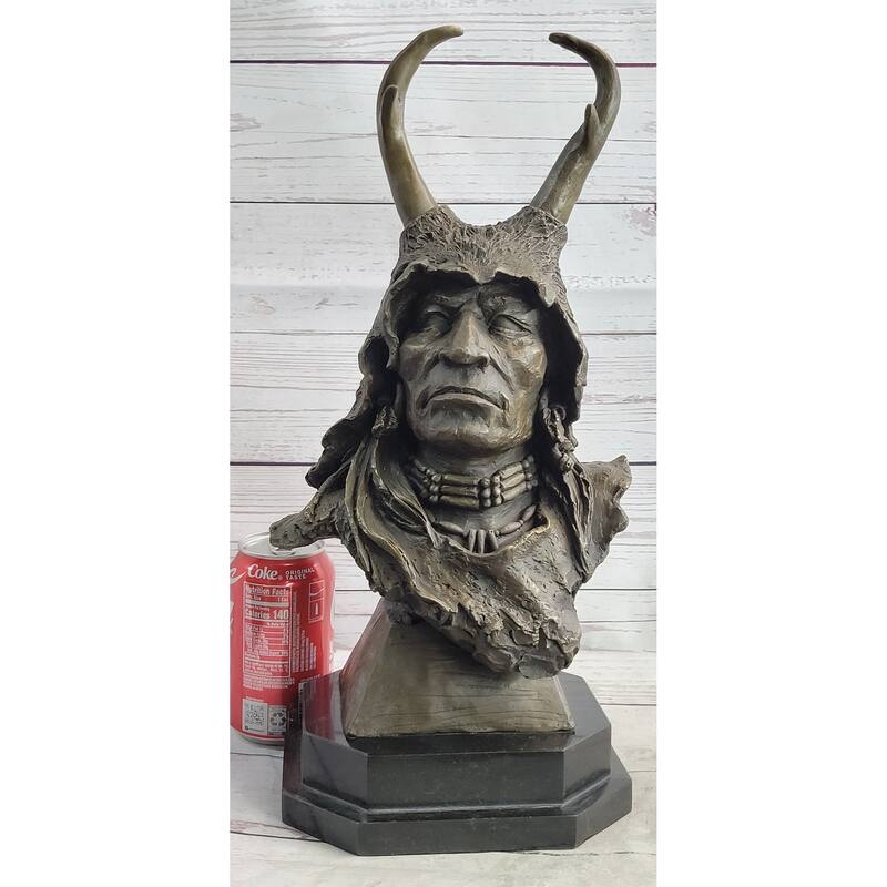 Native American Indian Shaman Man In Antler Headdress Bronze Sculpture Statue On Marble Base