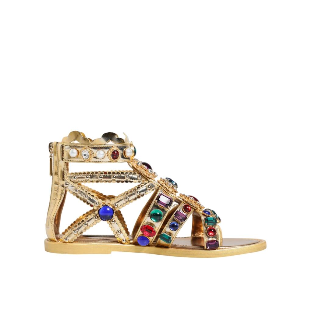 Dolce & Gabbana Gold Leather Crystal Gladiator Sandals Flats Women's Shoes (Pre-Owned)
