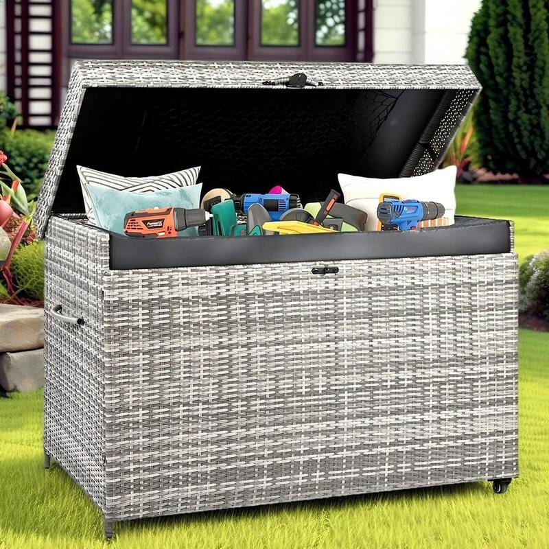 230 Gallon Wicker Deck Box with Wheels,All-Weather Outdoor Storage Box,Rattan Storage Bin - N/A