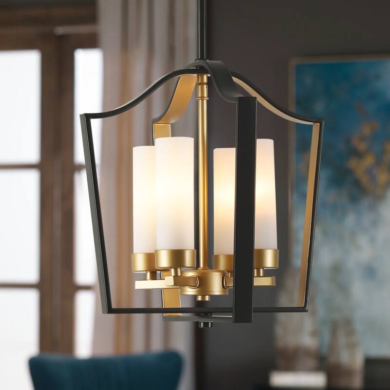 4-light Modern Matte Black with Gold Cage Design Candle-style Chandelier For Use in Bedrooms, Dining Rooms - Black/Gold/White - 13.6 in. W x 13.4 in. H x 12.6 in. D
