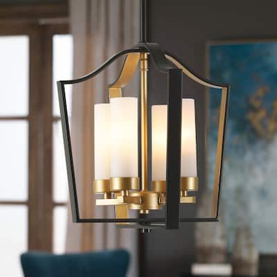 4-light Modern Matte Black with Gold Cage Design Candle-style Chandelier For Use in Bedrooms, Dining Rooms