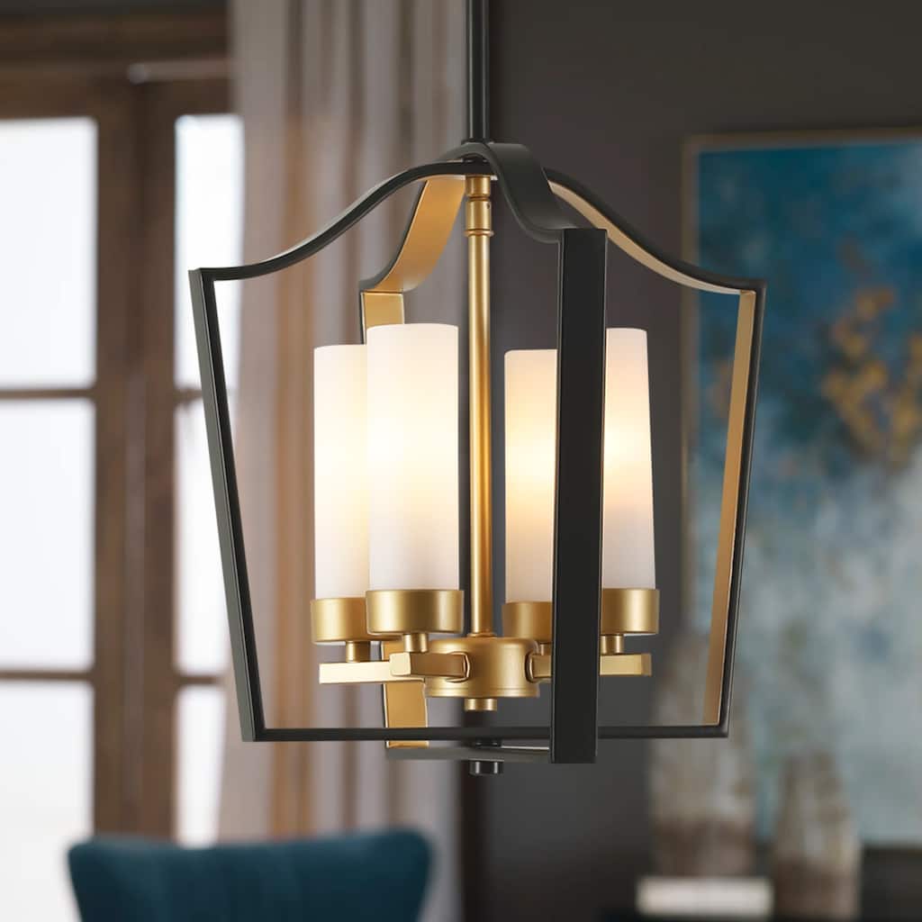 4-light Modern Matte Black with Gold Cage Design Candle-style Chandelier For Use in Bedrooms, Dining Rooms