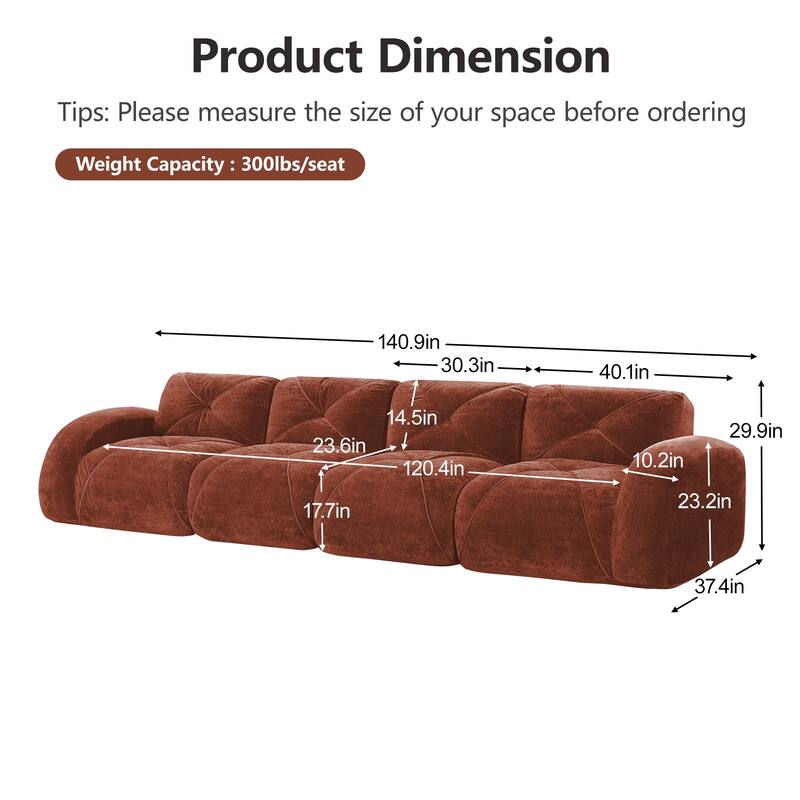 Roomfitters 114 Inch Modular Floor Sofa, Fluffy Plush Sectional with Ottoman, Chocolate