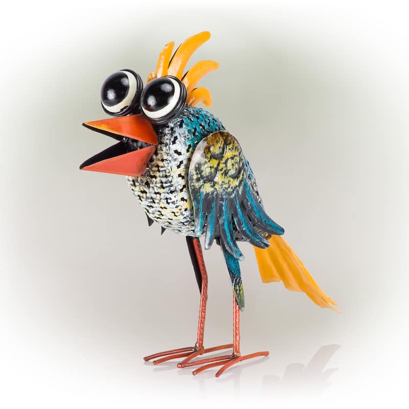 Alpine Corporation 11" Tall Outdoor Metal Wide-Eyed Bird Statue Colorful Indoor/Outdoor Animal Decor