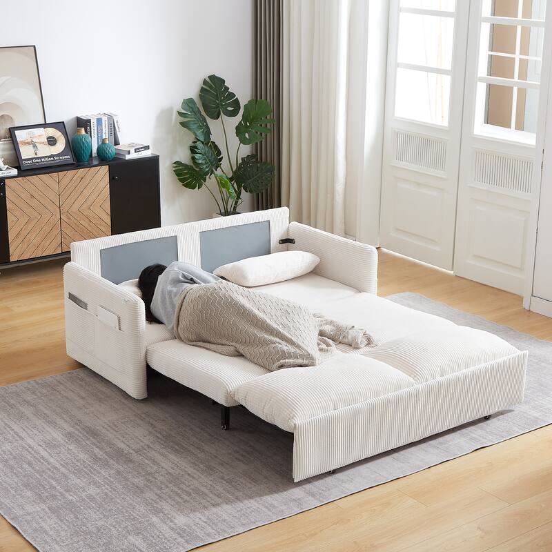 Corduroy Convertible Sleeper Sofa Bed, 3-in-1 Adjustable Sleeper Sofa Couch, Lounge Loveseat Sofa with 2 Pillows & Side Pockets