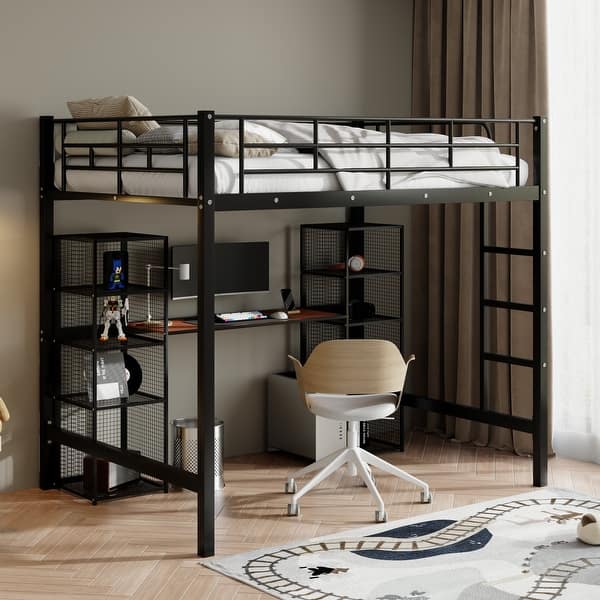 slide 2 of 14, Full Size Loft Bed Desk and Shelves, Black Black