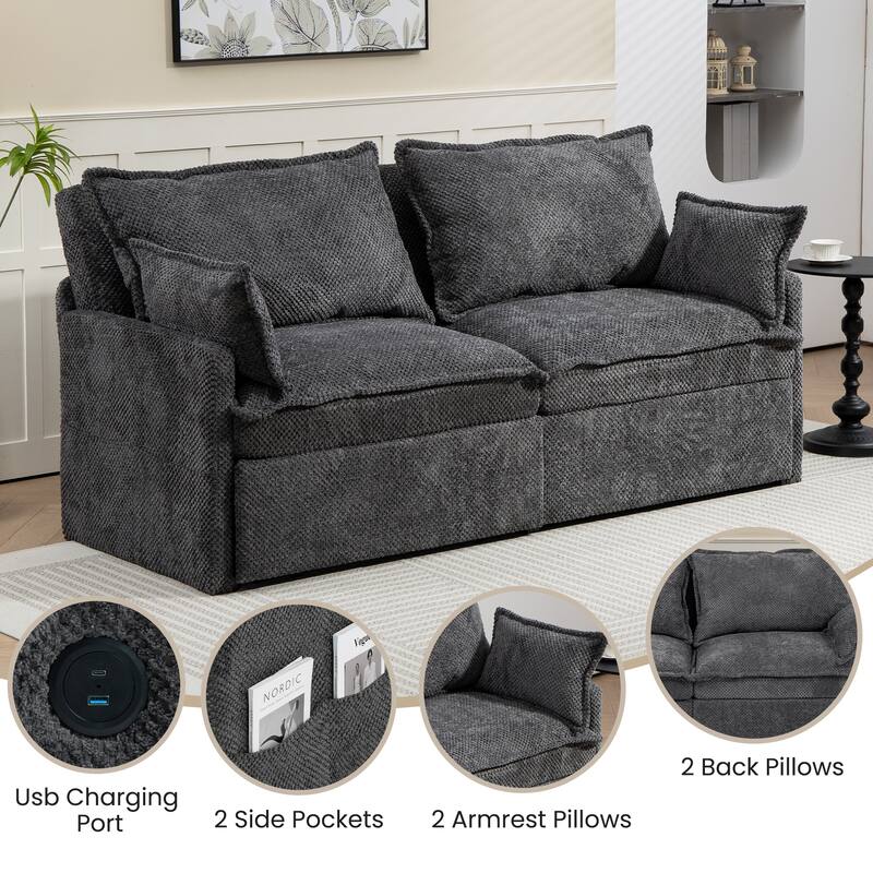 73.6" Corduroy 3-in-1 Convertible Sofa Bed with Pull-Out Sleeper, USB Charging Ports, and Side Storage