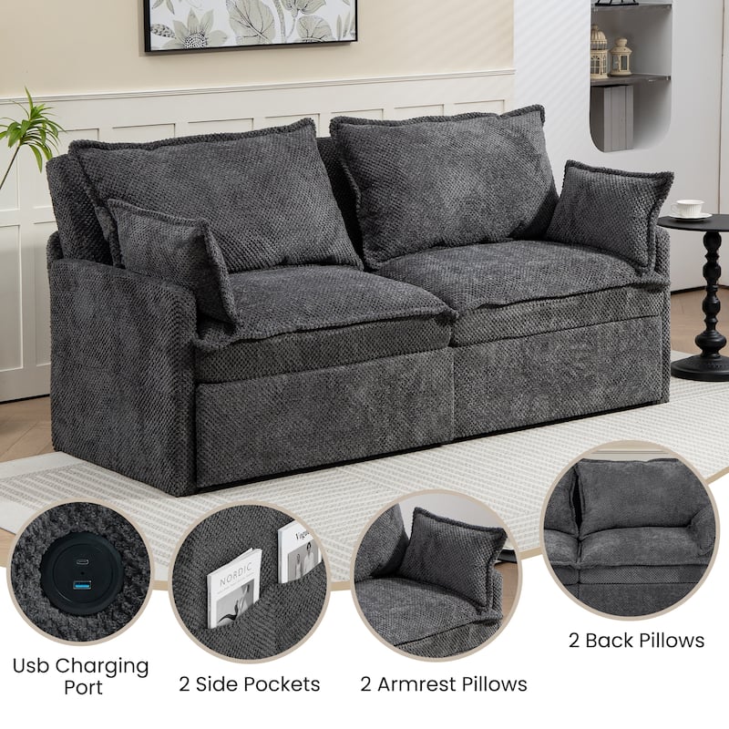 Convertible Sofa Bed, Sleeper Loveseat Pull Out Couch Bed, 3 in 1 Corduroy Couch with Side Pockets, USB/C-TYPE Ports