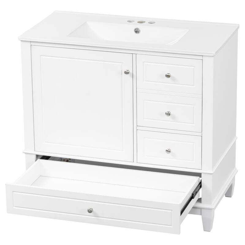 36" Bathroom Vanity with Ceramic Sink - MDF & Solid Wood Base, 3 Drawers & Storage Cabinet, Freestanding Design, 4" Faucet Holes