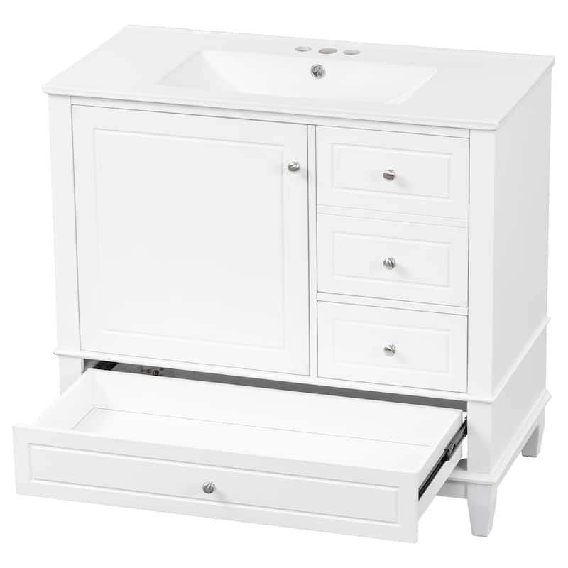 36"Bathroom Vanity with Ceramic Sink, 3 Drawers & Cabinet with Shelves, Freestanding Vanity Cabinet with 4-Inch Faucet Holes