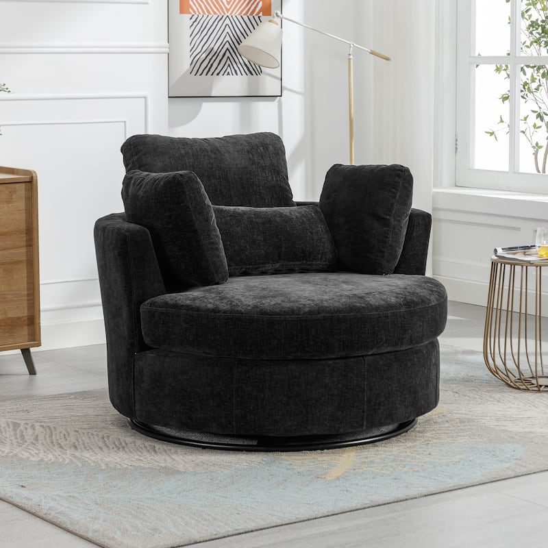 Swivel Accent Barrel Chair and Half Swivel Sofa With 3 Pillows 360 Degree Swivel Round Sofa - Black