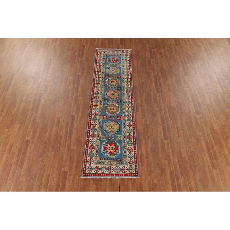 Blue Geometric Kazak Runner Rug Hand-Knotted Oriental Wool Carpet - 2'8" x 9'6"