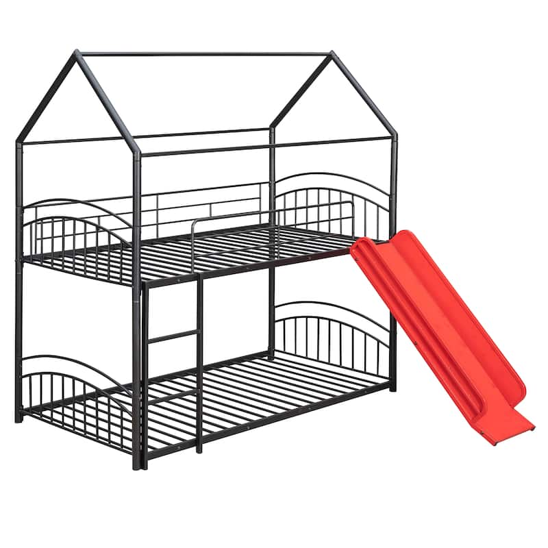 Twin over Twin Size Metal Bunk Bed With Slide, Roof, Fence and Ladder for Bedroom