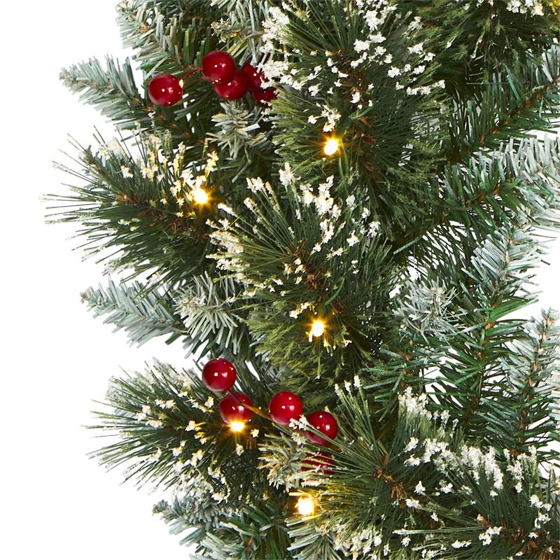 24" Frosted Swiss Pine Wreath with 35 Clear LED Lights and Berries