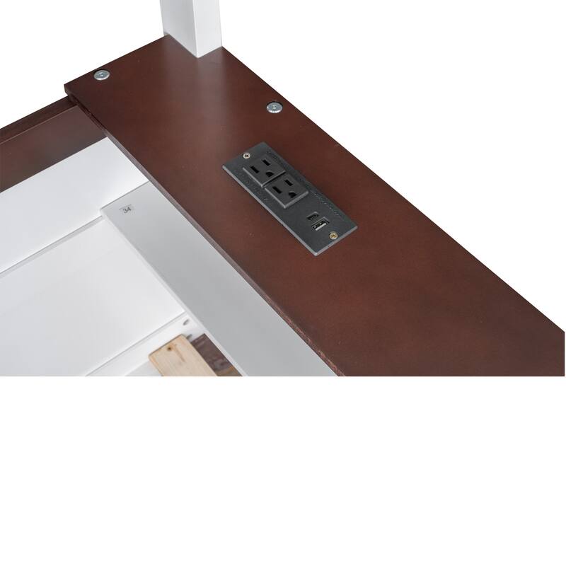 Queen Size Wooden Bunk Bed with Shelves, Storage Box, LED Light, and USB Charging Station