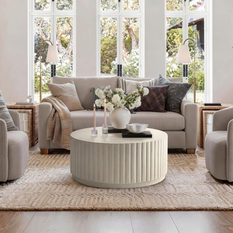 Modern Ribbed Round Concrete Coffee Table
