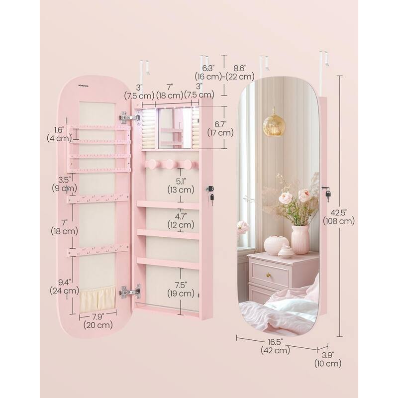 LED Jewelry Cabinet Wall/Door Mounted Jelly Pink Surface with Cream White Lining - Multi