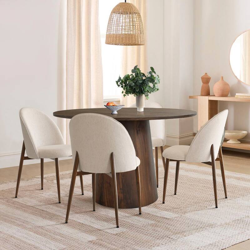 Modern Dining Set with Walnut Look Table and Upholstered Chairs for 4 - Beige