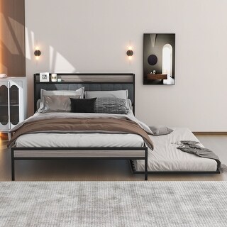 Upholstered Headboard Frame, Black Queen Size Bed No Spring Needed ...