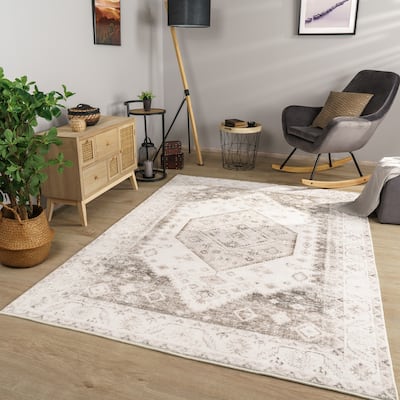 Modern Area Rug Bordered with Faded Oriental Pattern