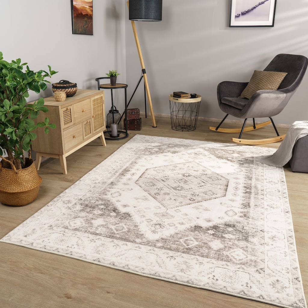 Modern Area Rug Bordered with Faded Oriental Pattern