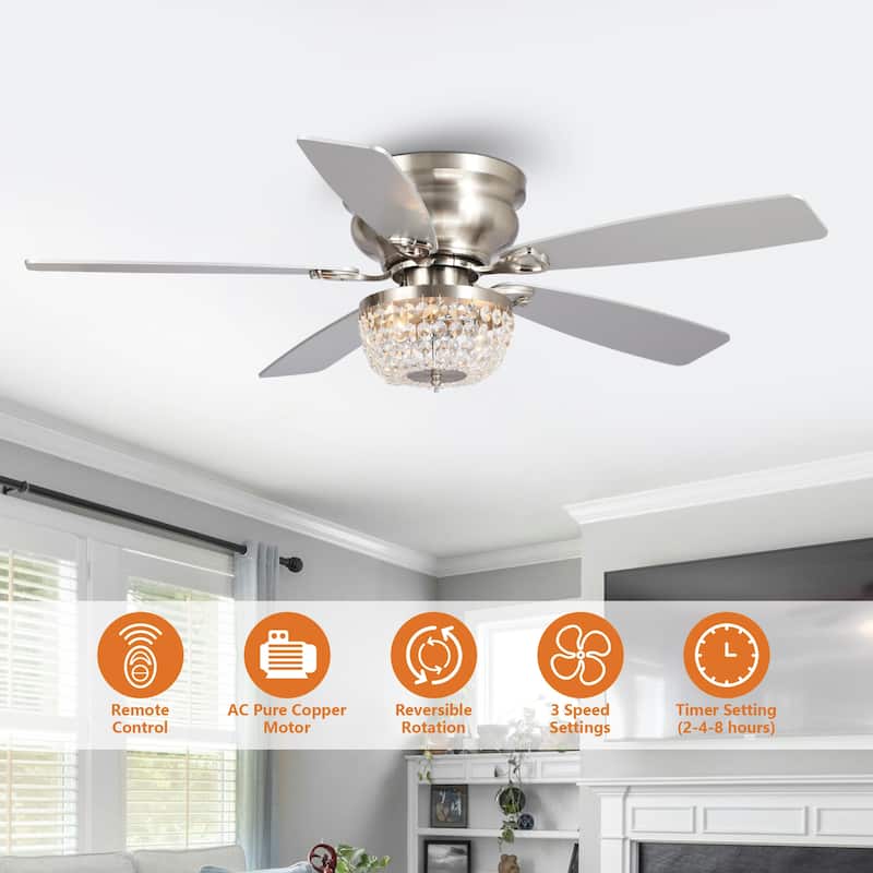 48" Satin Nickel Crystal Low Profile Ceiling Fan with Light and Remote Control