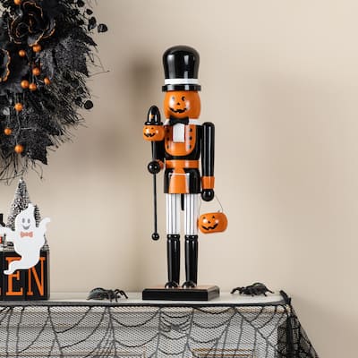 Glitzhome 18.50"H Halloween Wood Pumpkin Nutcracker with Ghost Ornament