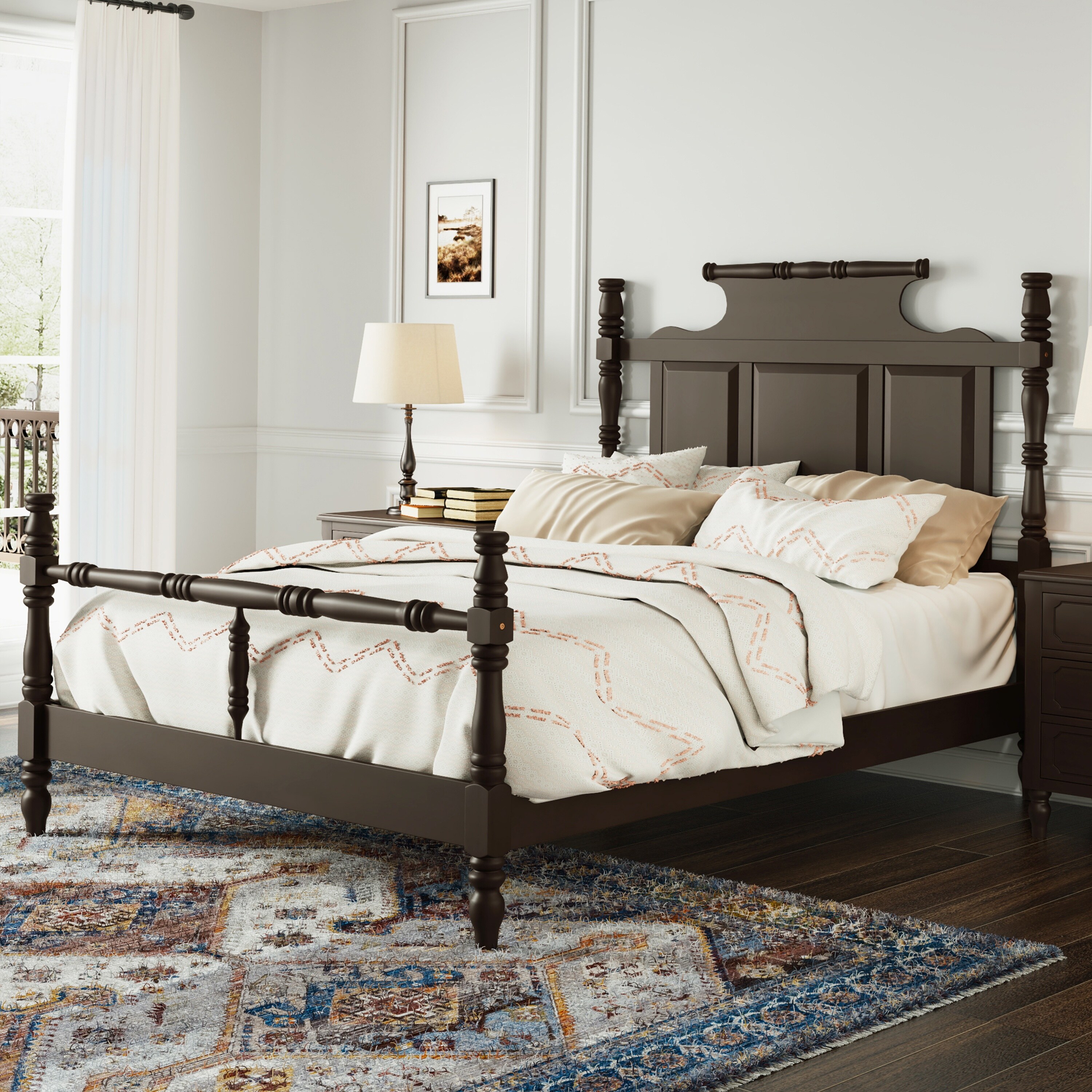 Brown Mid-Century Modern Vintage King Size Four Poster Platform