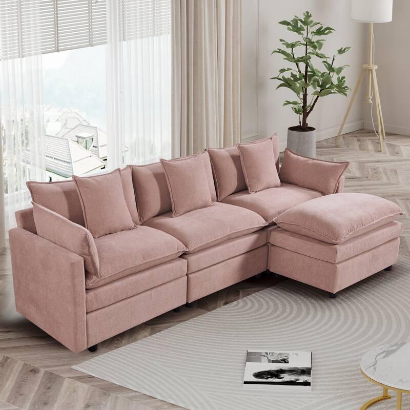 Spacious L-Shaped Chenille Couch with Ottoman Bench, 3-Seater Sleeper Sofa for Living Room