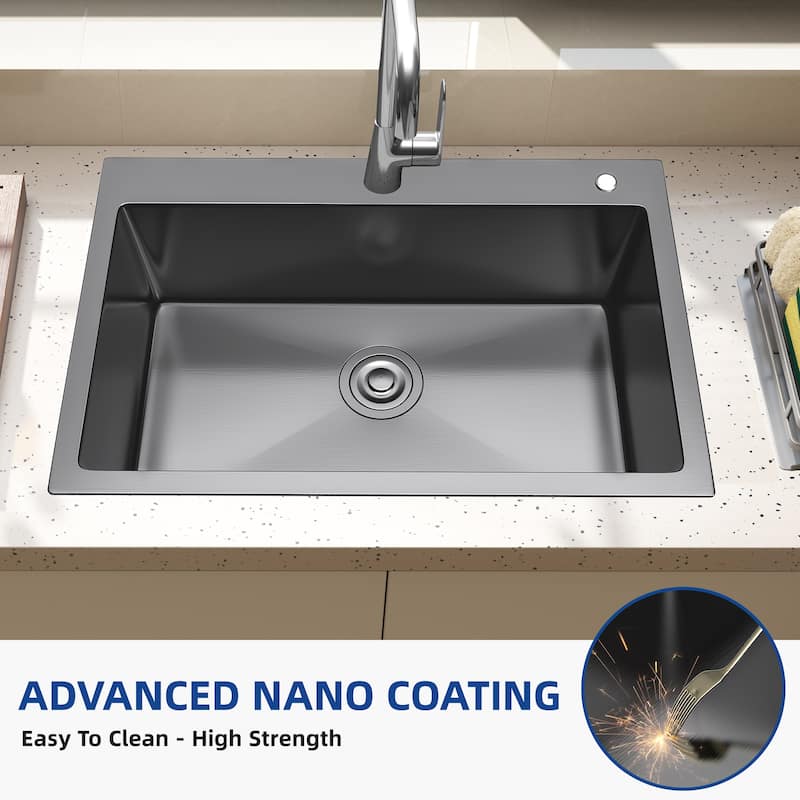 Drop In Kitchen Sink, 24/28/30 Inch Top Mount Stainless Steel Nano Gunmetal Black Sink with Sink Protector