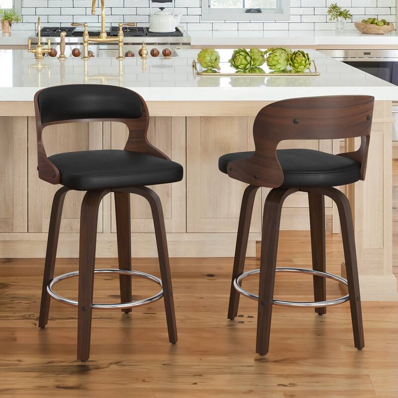 26.in Modern Set of 2 Leather Bar Stool Swivel Upholstered Hollow Back Counter Height Barstool with Wood Frame - Black