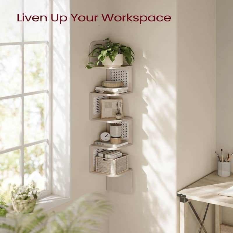 5-Tier Space-Saving Modern Zigzag Corner Shelf Wall-Mounted Display for Bedroom or Living Room - 7.9"D x 7.9"W x 49.6"H