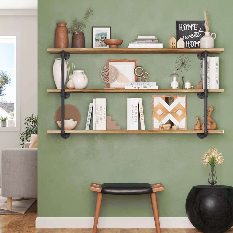 Wallniture 60"x 10" Pipe Shelves, Wood Shelving Unit, Wall Shelves for Books, Long Wall Shelf, Burnt, 3-Tier