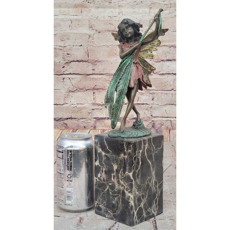 Bronze Fairy Holding Leaf Marble Base Signed By Artist Milo Mythical Figurine