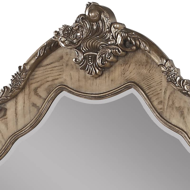 Wooden Mirror with Scrollwork Crown and Trim Details, Brown and Silver