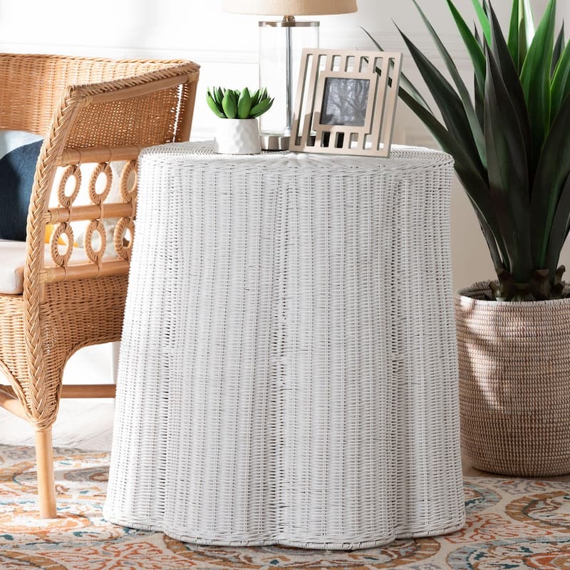 Palm Scallop Natural Rattan Console Table – Handwoven Wicker Round Accent Table for Living Room or Sunroom, Coastal Boho Style