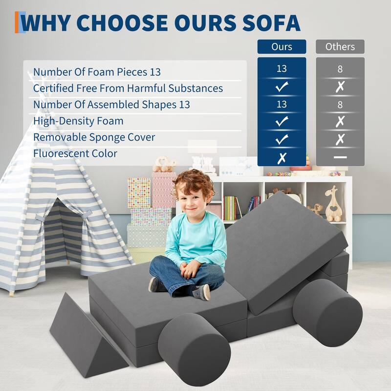 Kids Modular Play Couch, 13 Pcs Toddler Couch With Washable Velvet Covers, Building Fort Toddler Sofa Set