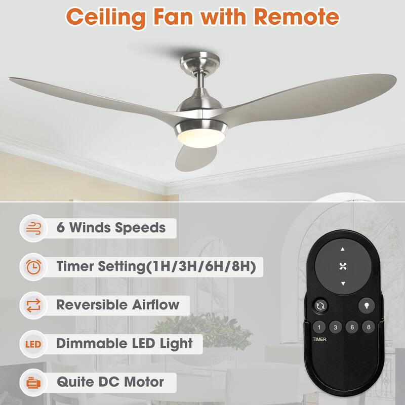 56" Nickel Modern ABS 3-Blade LED Ceiling Fan with Light and Remote